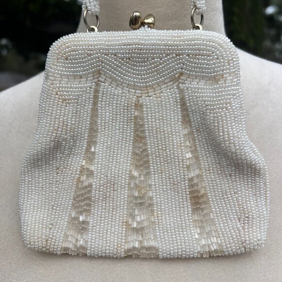 Vintage White Beaded Evening Bag Made in Korea 1950s Formal Bridal Purse - Picture 2 of 9